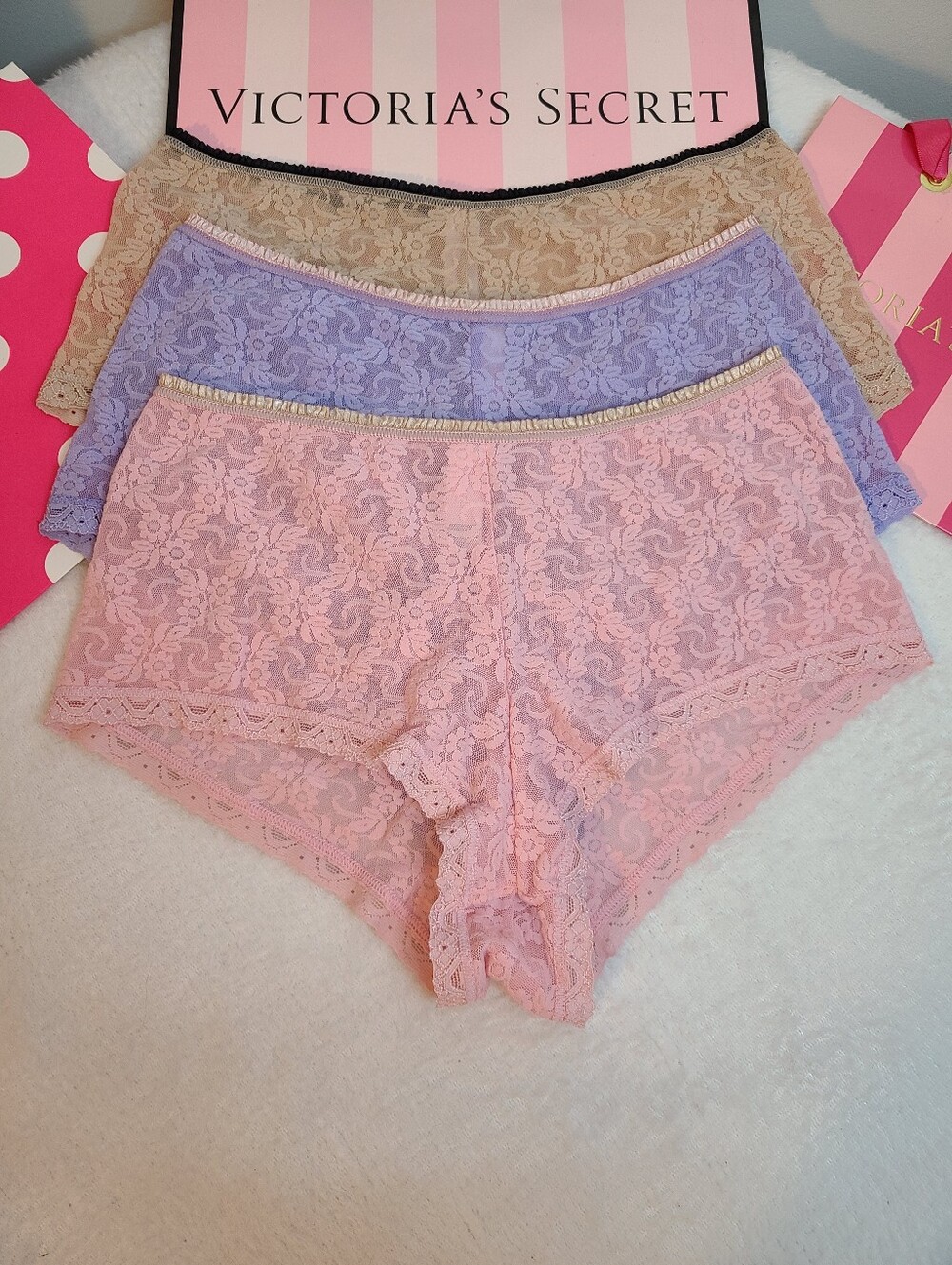 VTG Victoria's Secret 3pk Sheer Floral Lace Colorblock Boyshort Panties Size Sm